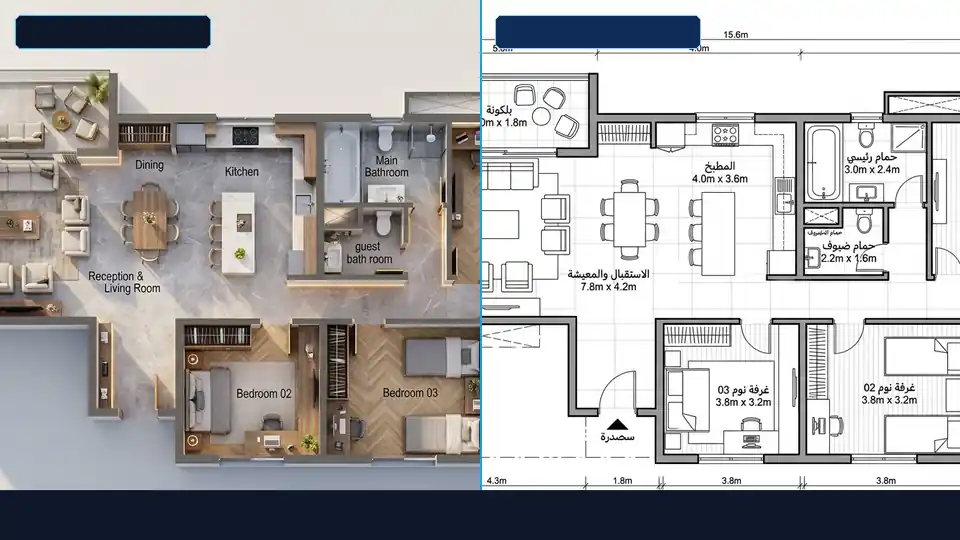 مخطط وتصميم شقة سكنية 150 متر ناصية بحري (مخطط 2D + منظور 3D مفروش)